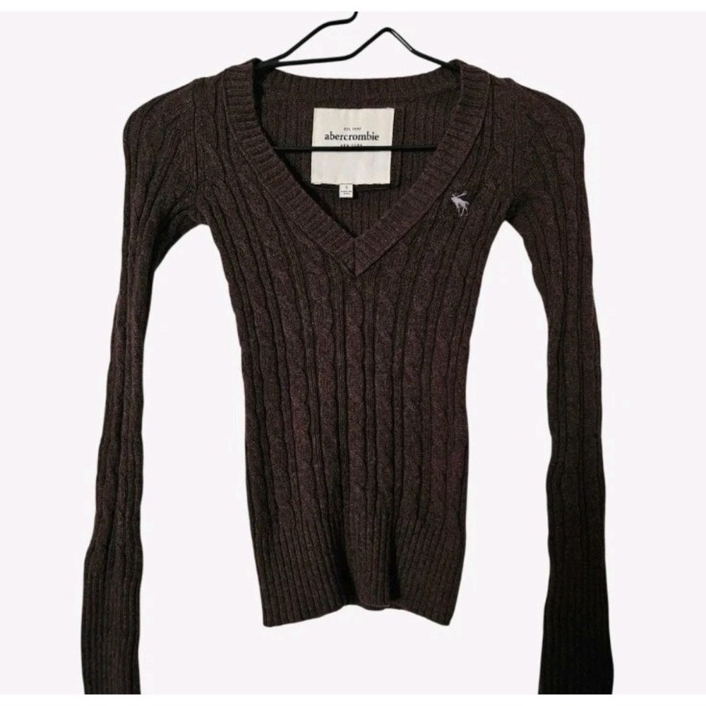 Vintage Y2K Abercrombie & Fitch Brown Cable Knit V-Neck Sweater Icon Logo Size S